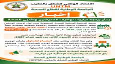 الجامعة الوطنية لقطاع الصحة تخبر ببرمجة مباراتين لتوظيف الممرضين وتقنيي الصحة، لـ 6000 منصب شهري نونبر 2026 وفبراير2027