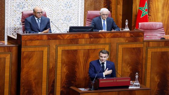France's President Emmanuel Macron receives a standing ovation after his speech in front of the members of Morocco's Parliament in Rabat on October 29, 2024. (Photo by Ludovic MARIN / POOL / AFP)